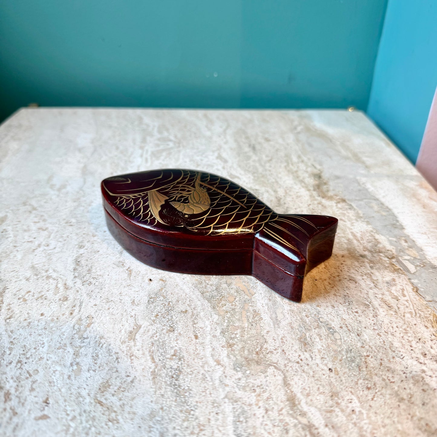 Vintage Brown Lacquered Fish Trinket Box