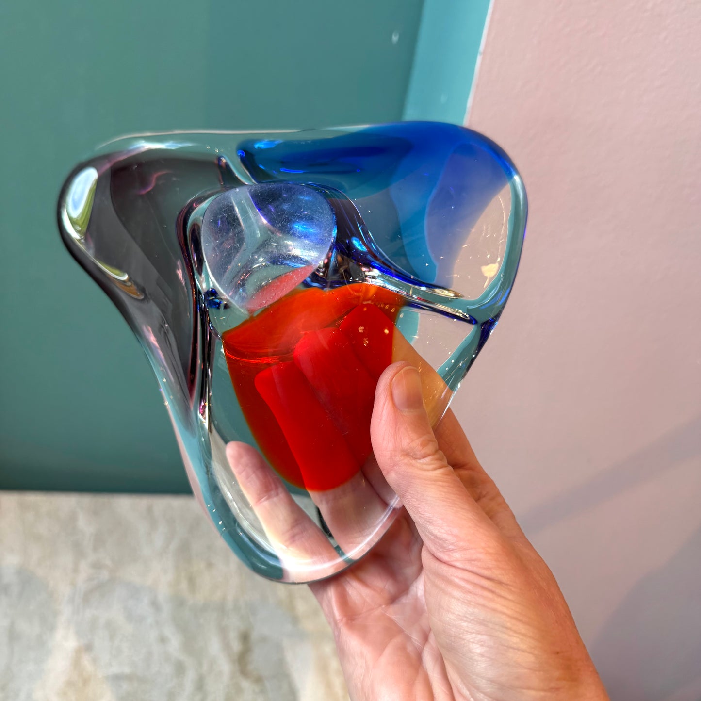 Vintage Hand Blown Three Compartment Art Glass Bowl