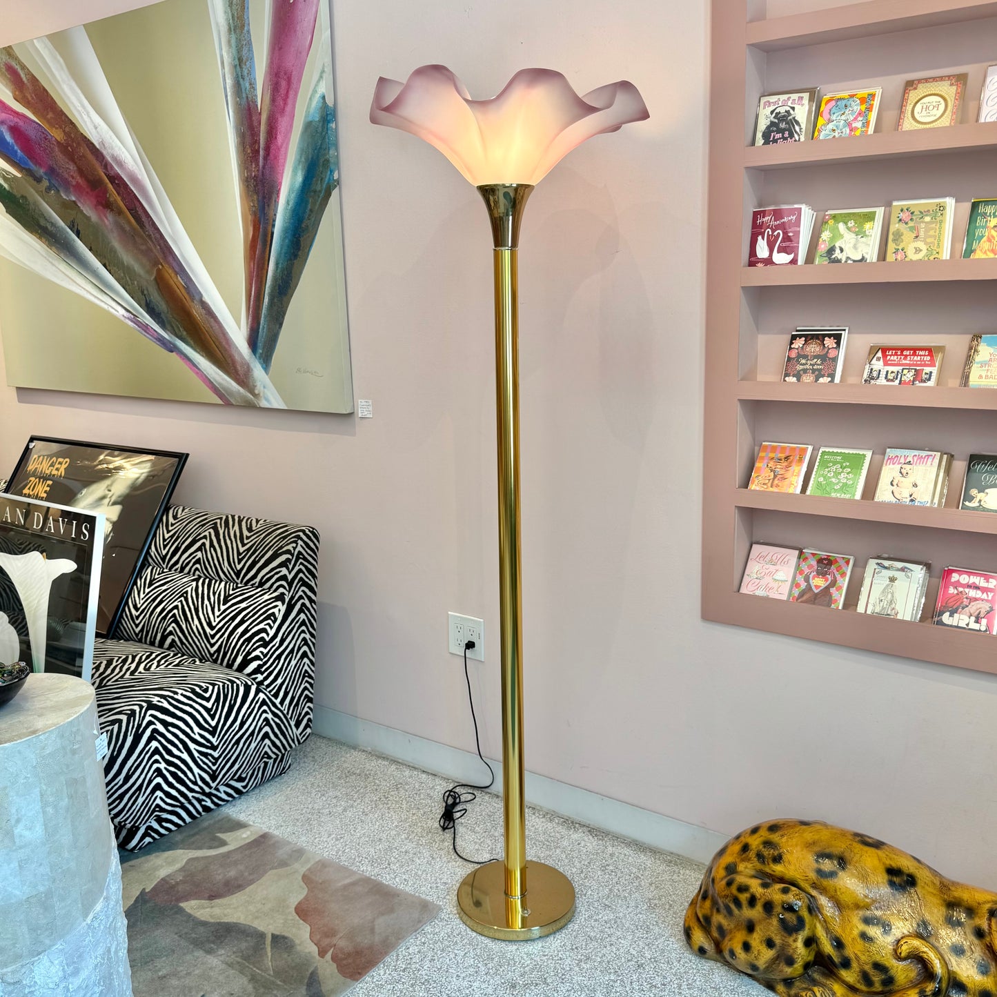 Vintage Pink Acrylic and Brass Flower Floor Lamp
