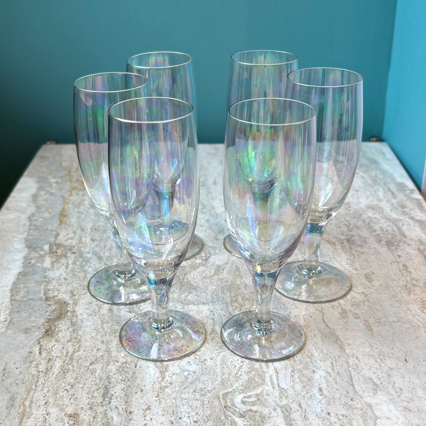 Set of 6 Vintage Iridescent Flute Glasses