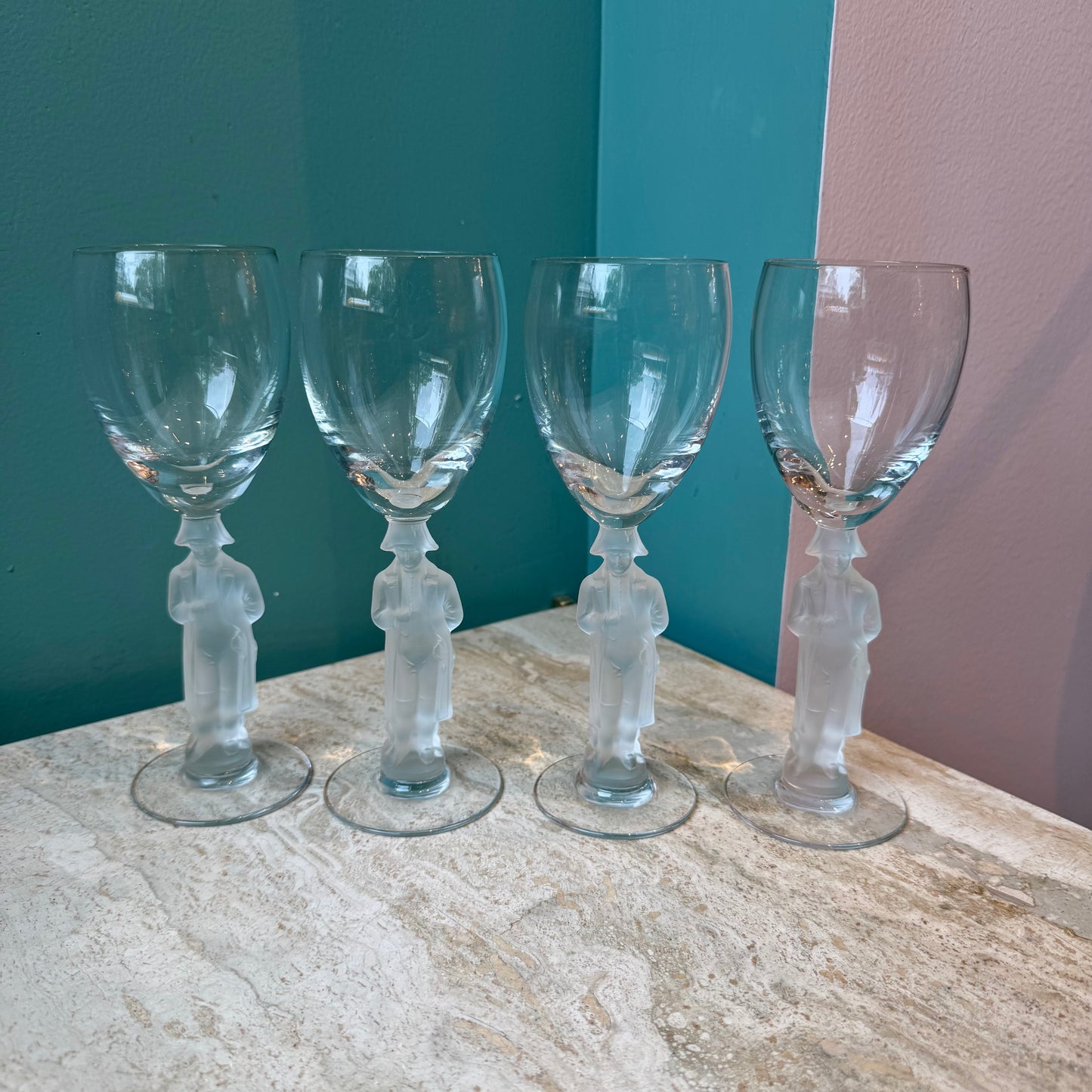 Vintage Set of 4 Bayel France Frosted Crystal Napoleon Cordial Glasses