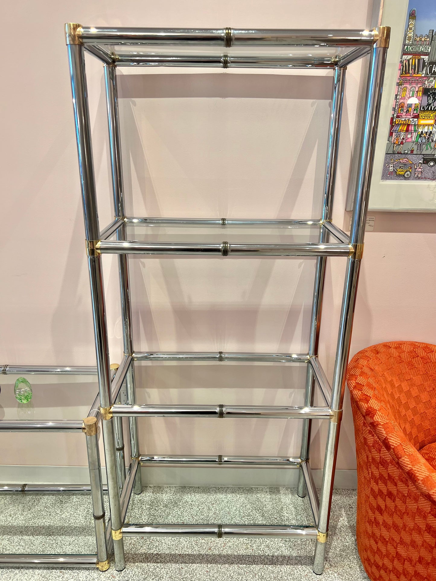 Vintage Chrome Etagere Shelf with Brass Bamboo Accents
