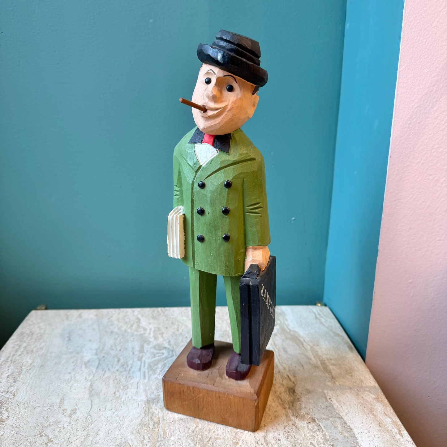 Vintage Hand Carved Wooden Salesman Statue