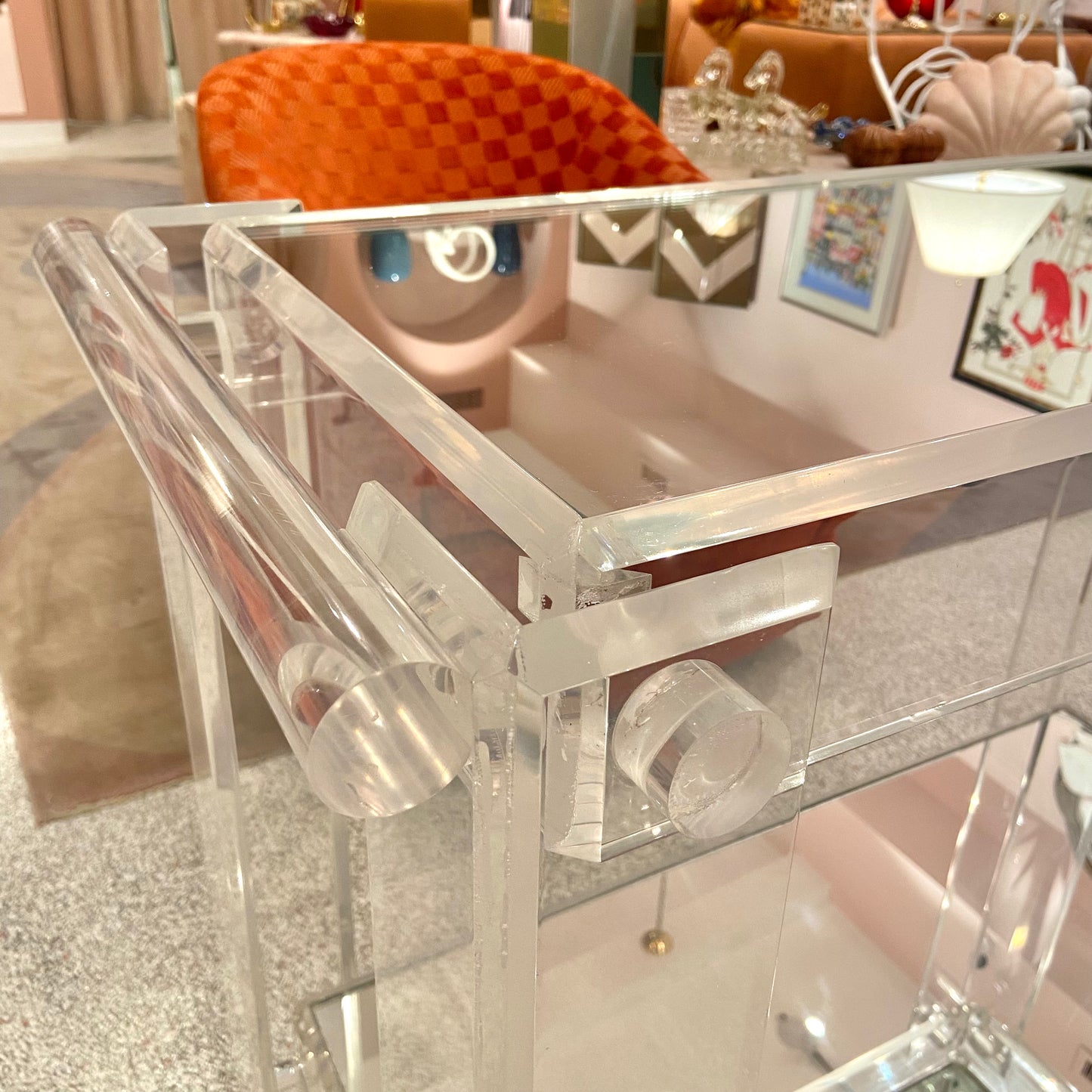 Charles Hollis Jones Style 1980’s Lucite and Mirror 2 Tier Rolling Bar Cart