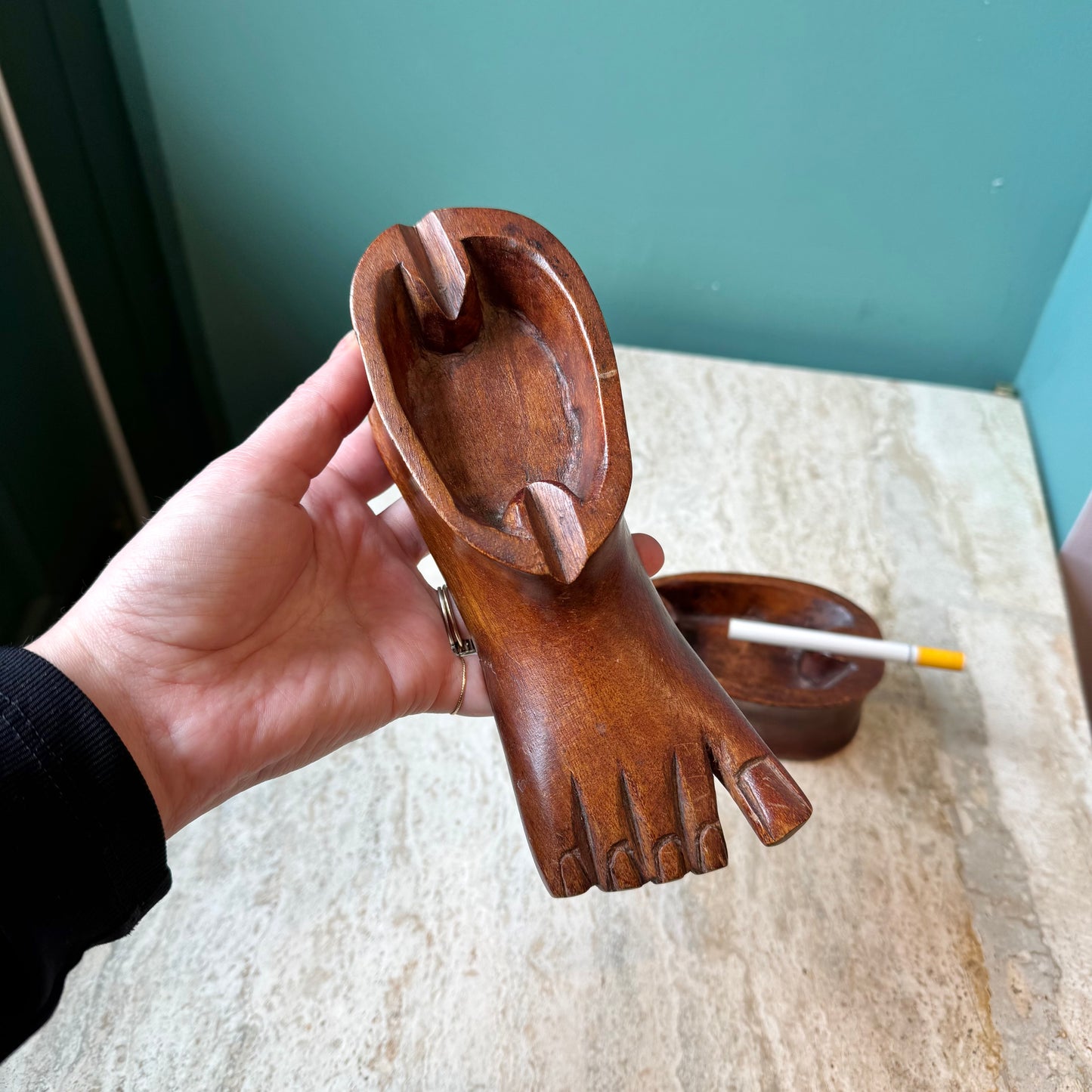 Pair of 1970’s Hand Carved Wooden Feet Ashtrays