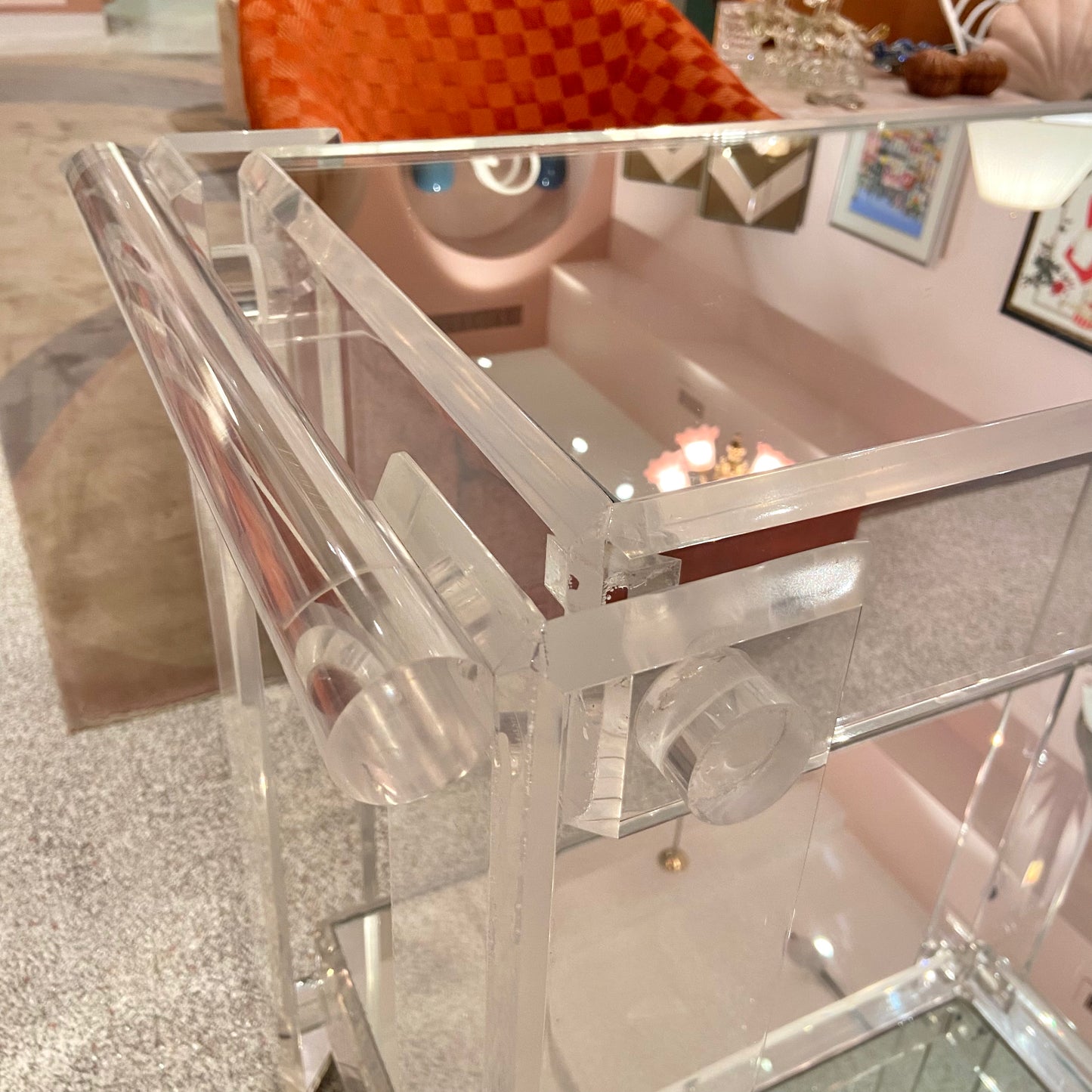 Charles Hollis Jones Style 1980’s Lucite and Mirror 2 Tier Rolling Bar Cart