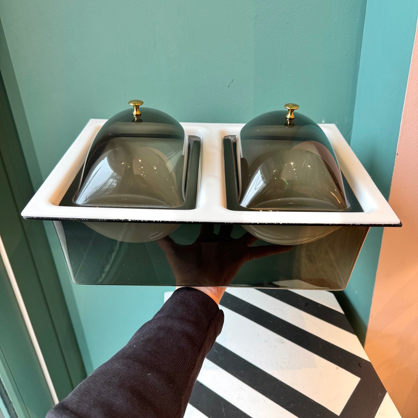 Mid Century White and Gray Lucite 2 Compartment Server