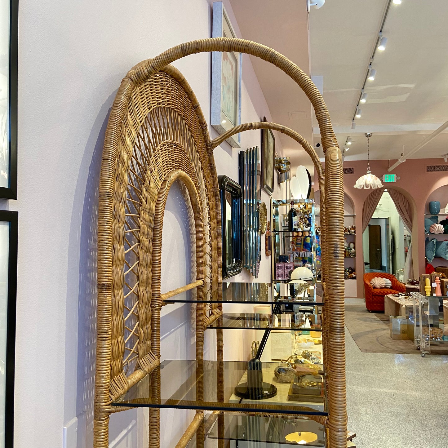 Vintage Wicker Rattan Etagere with Smoked Glass
