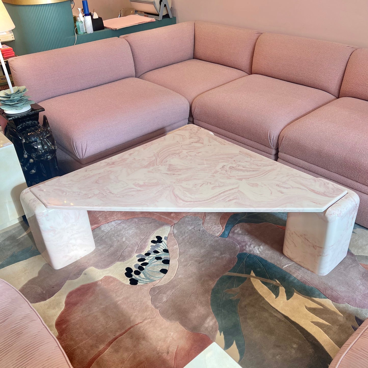 1980’s Triangular Postmodern Pink Marble Resin Coffee Table