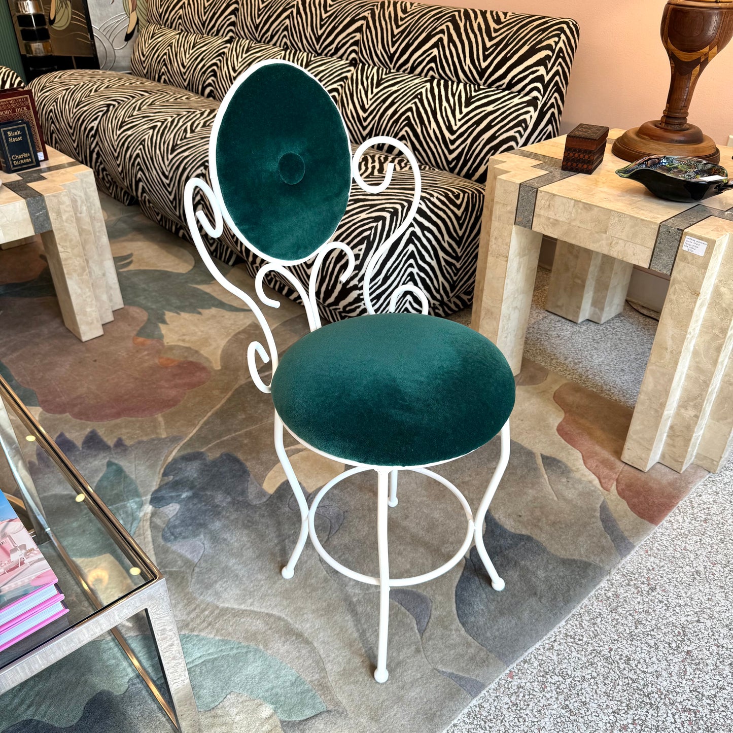 Vintage Small White Iron and Green Velvet Vanity Chair