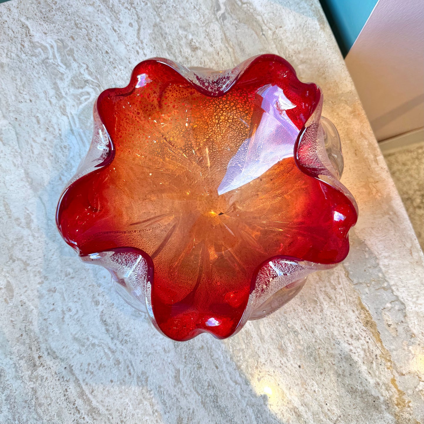 Vintage Red and Silver Leaf Murano Glass Bowl