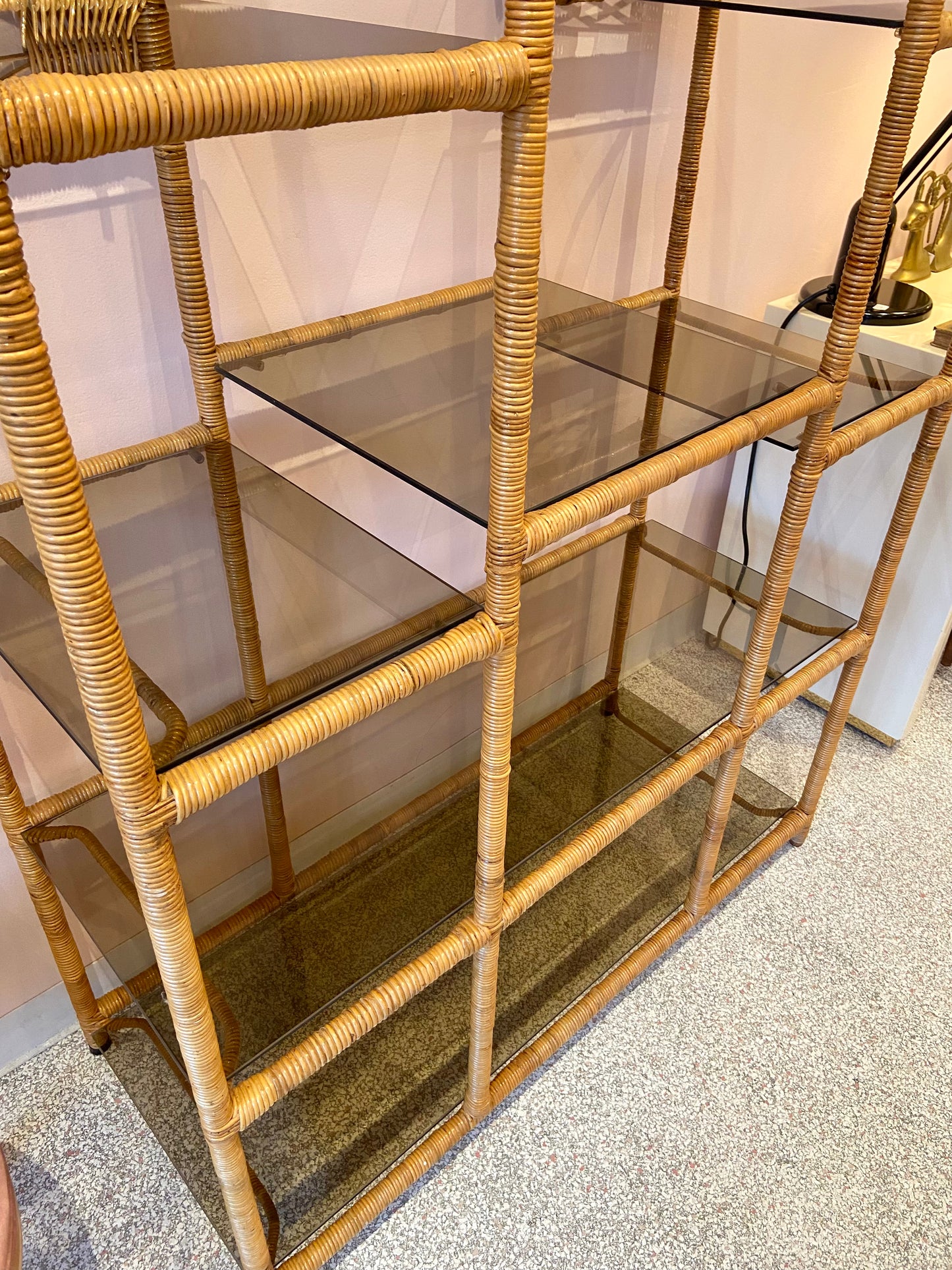 Vintage Wicker Rattan Etagere with Smoked Glass