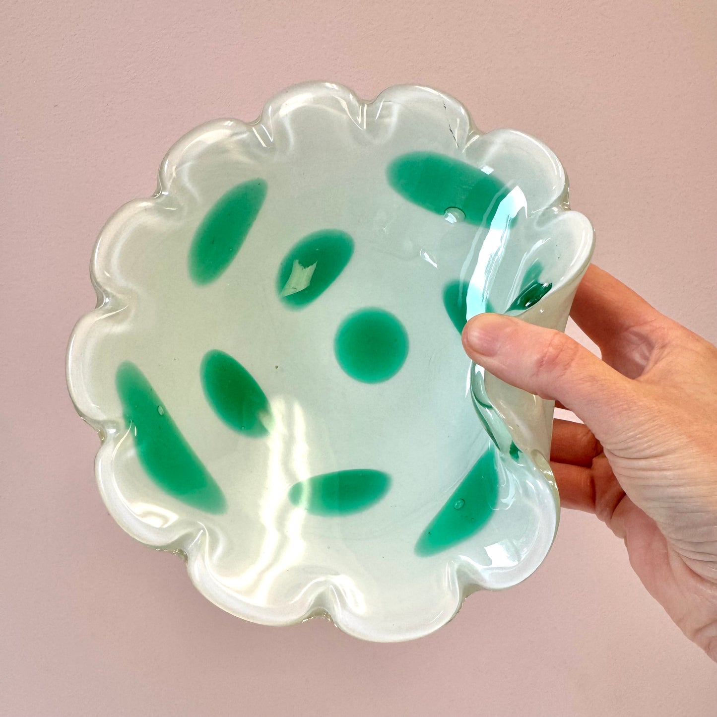 Vintage White and Green Murano Glass Scallop Edged Bowl