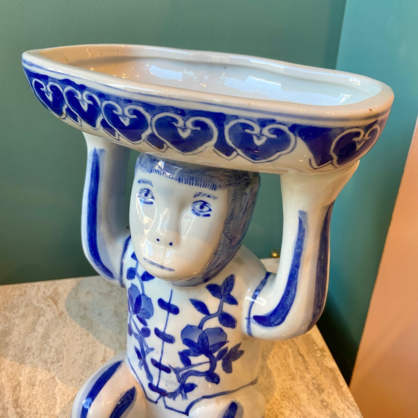 Vintage Chinoiserie Porcelain Monkey Holding a Bowl Statue