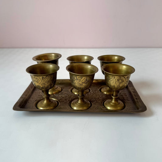 Vintage Set of 6 Brass Cups with Tray