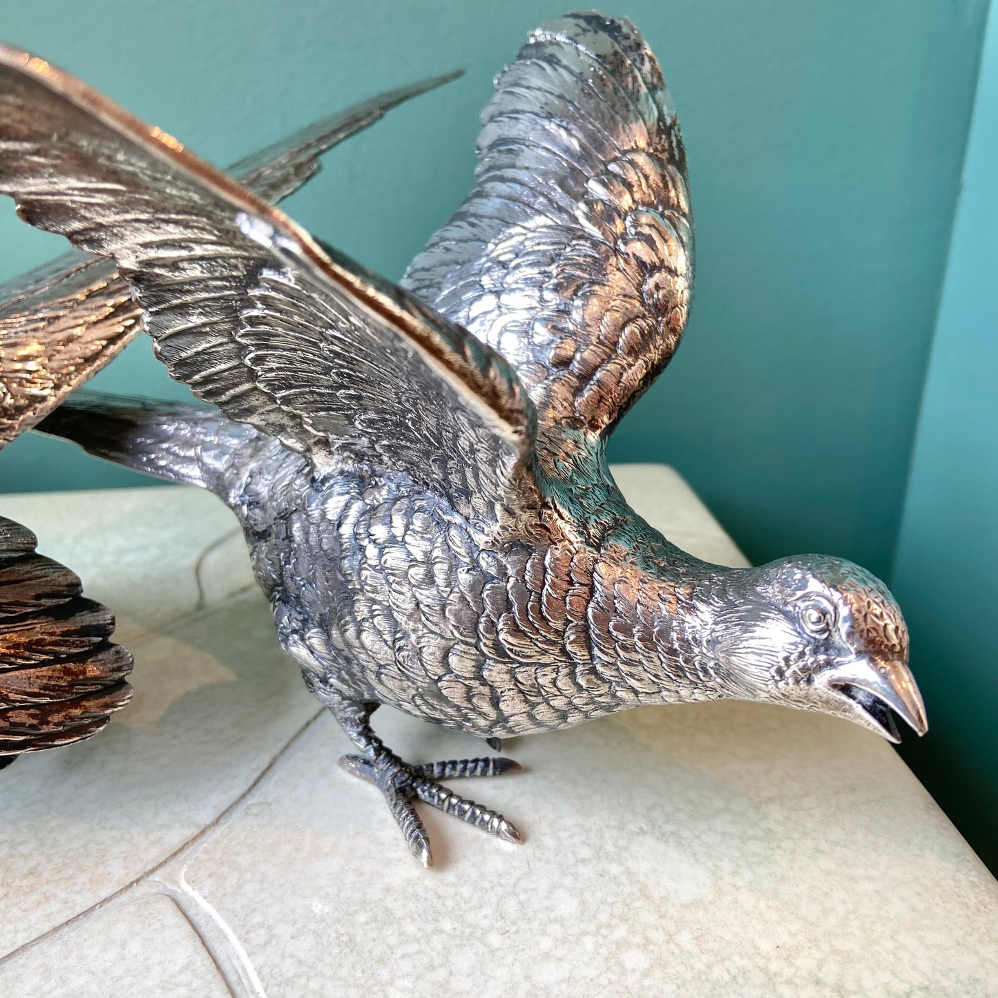 Pair of Antique Silver Plated Pheasant Bird Statues