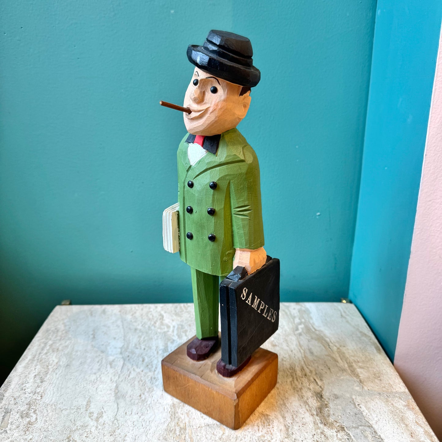 Vintage Hand Carved Wooden Salesman Statue