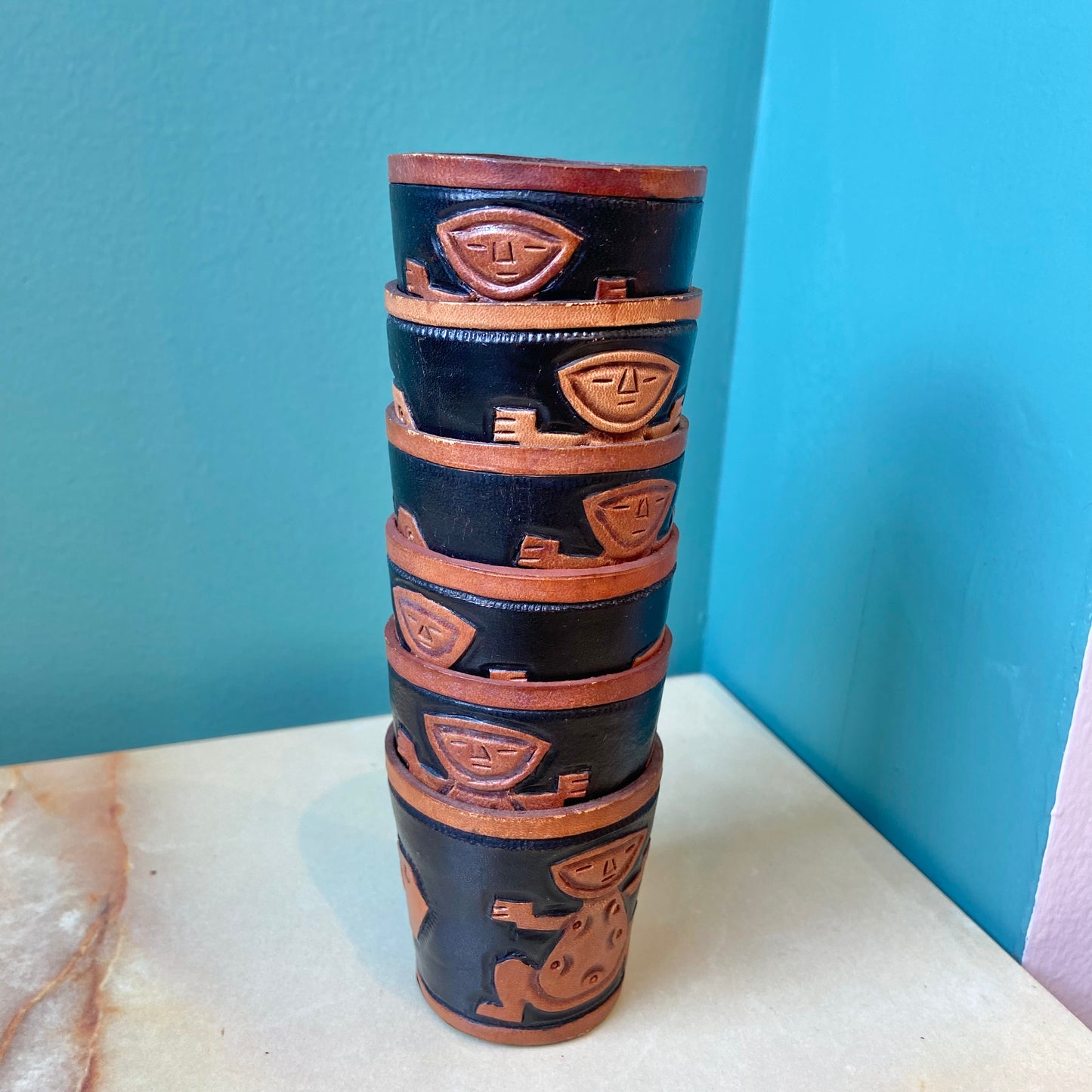 Set of 6 Vintage Leather Shot Glass Holders