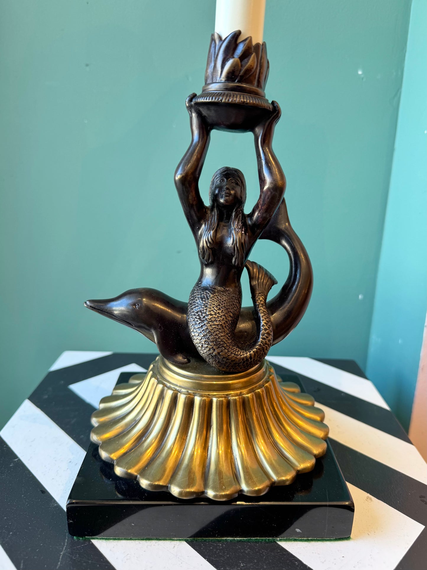 Vintage Mermaid and Dolphin Brass and Bronze Table Lamp with Shade