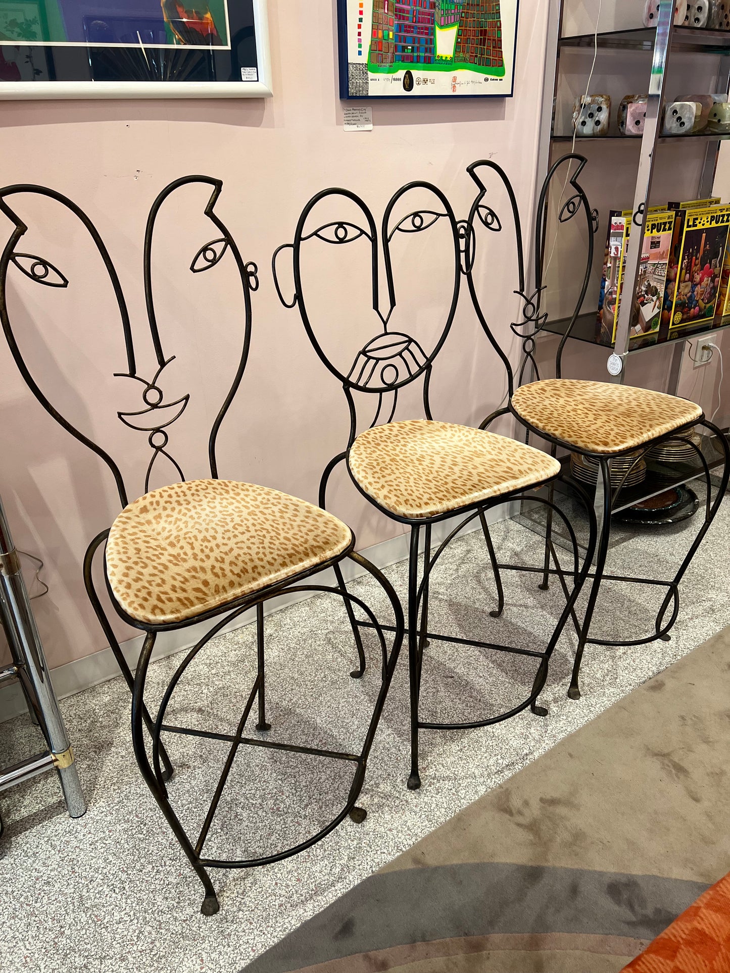 Vintage Set of 3 John Risley Style Figurative Face Bar Chairs