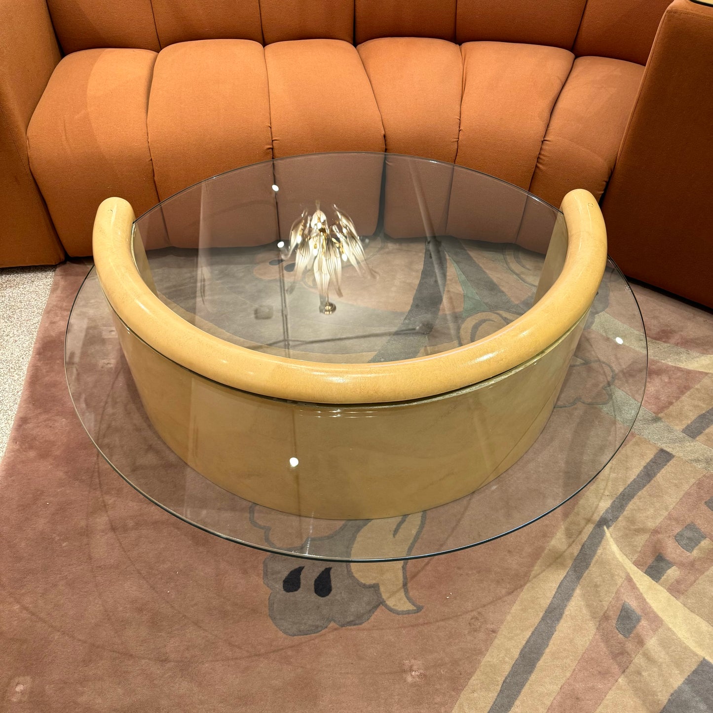 Vintage Round Coffee Table with Half Moon Faux Goatskin Base