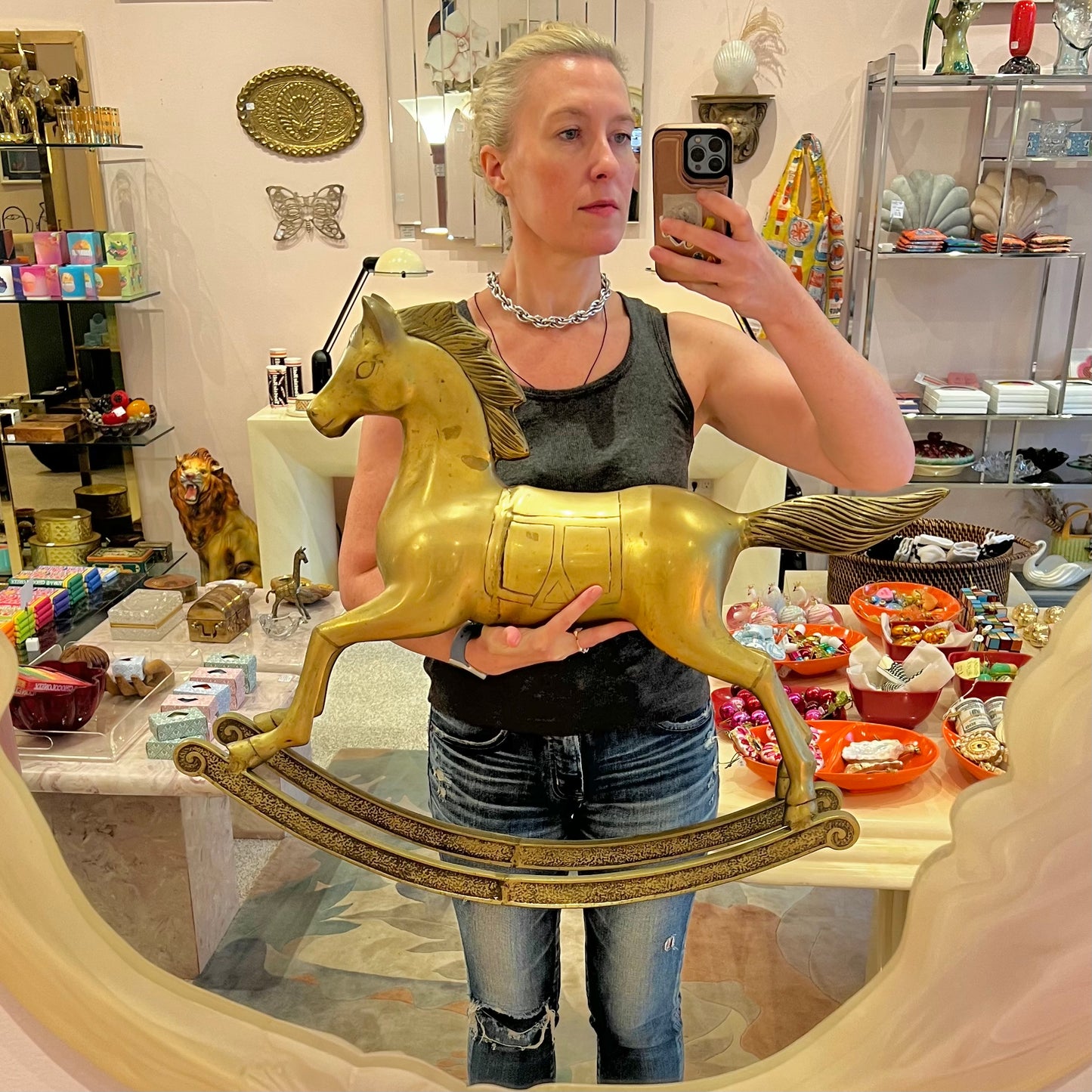 Large Vintage Brass Rocking Horse Statue