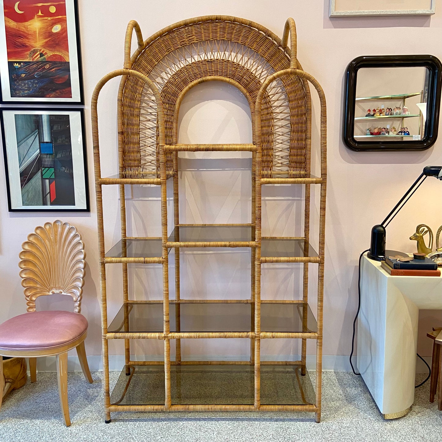 Vintage Wicker Rattan Etagere with Smoked Glass