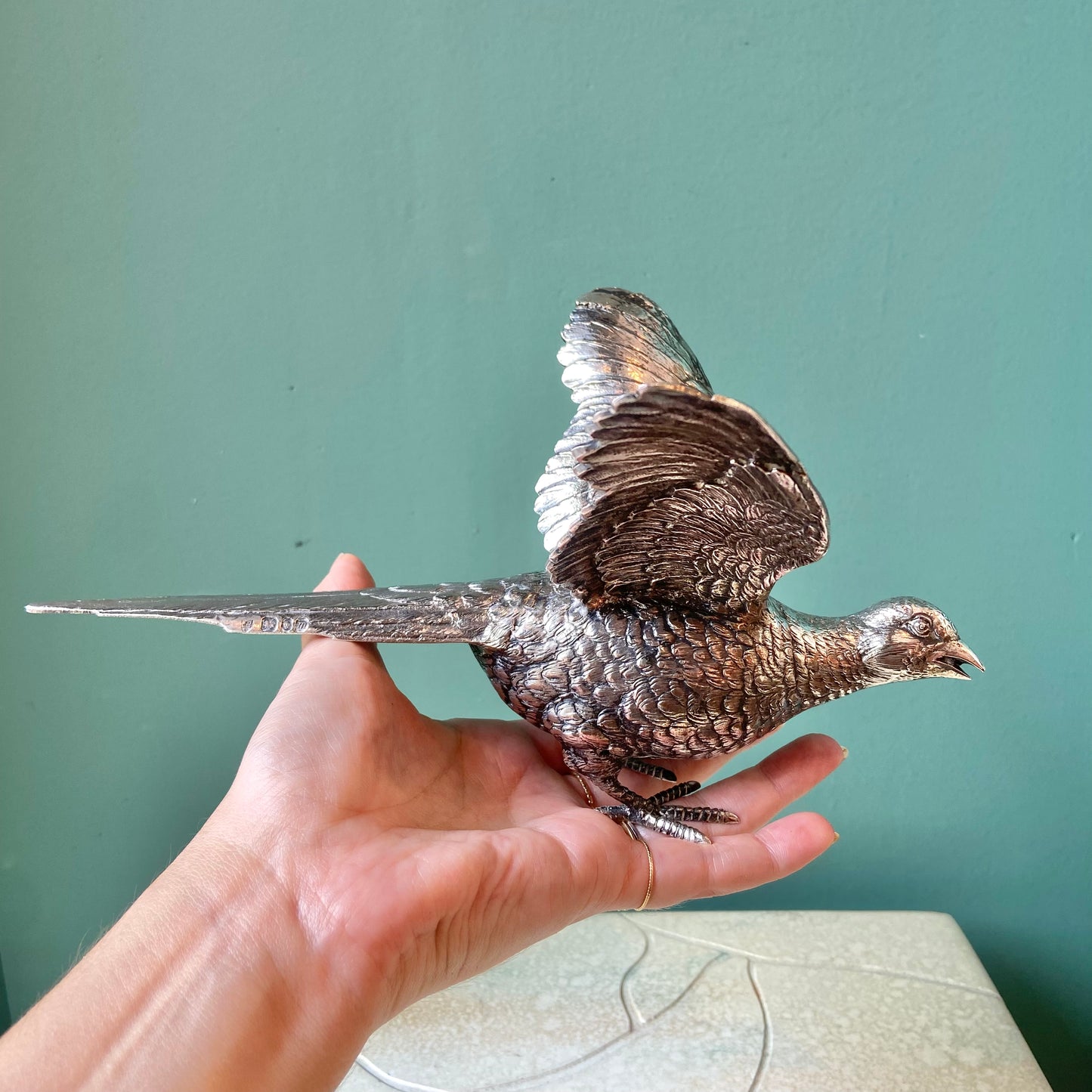 Pair of Antique Silver Plated Pheasant Bird Statues