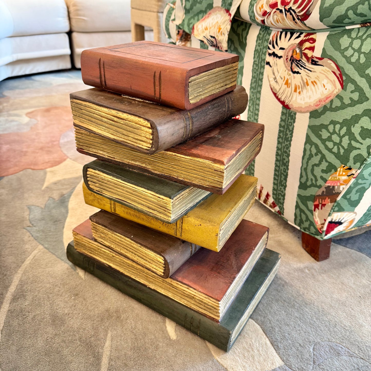 Vintage Maitland Smith Style Wooden Stacked Books Side Table