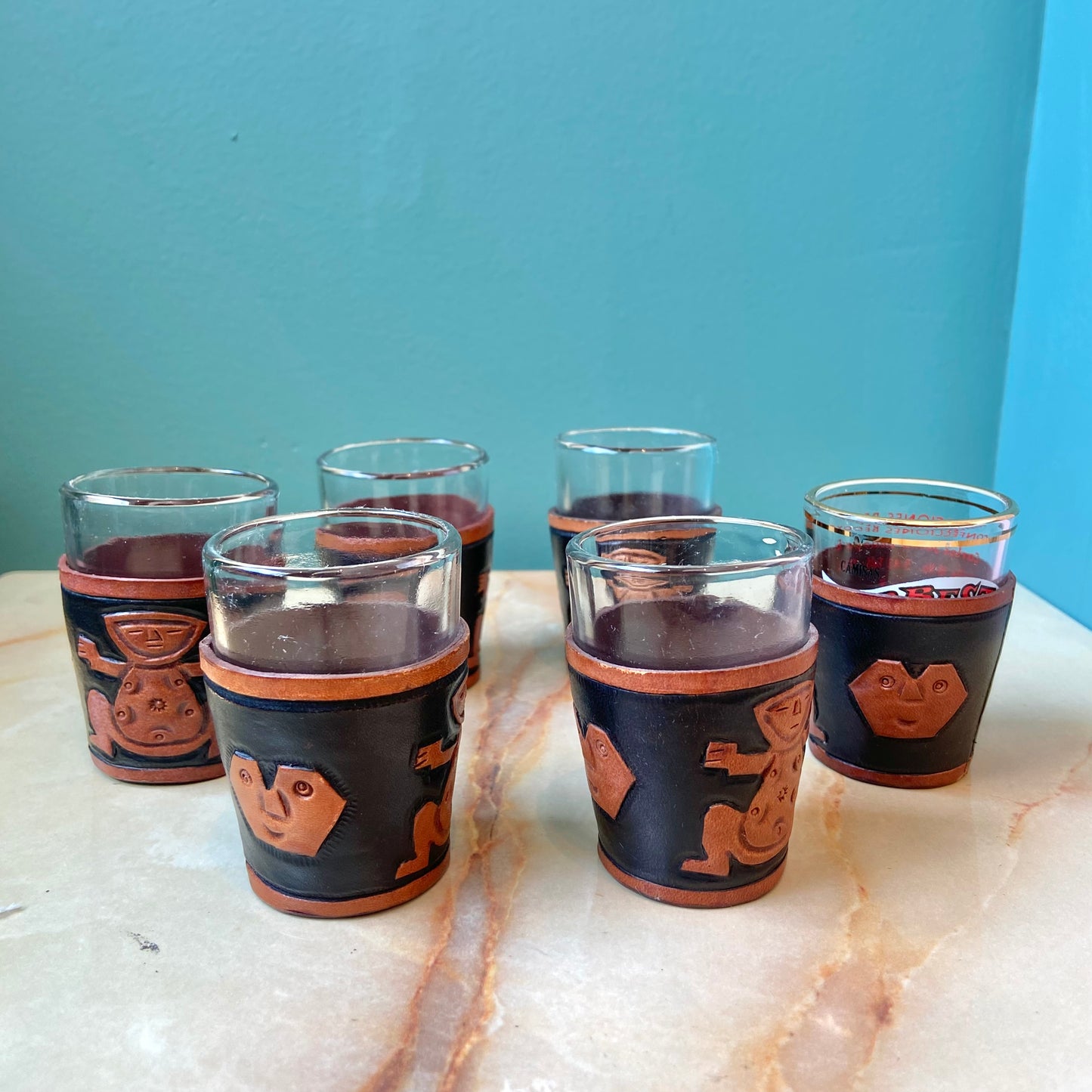 Set of 6 Vintage Leather Shot Glass Holders