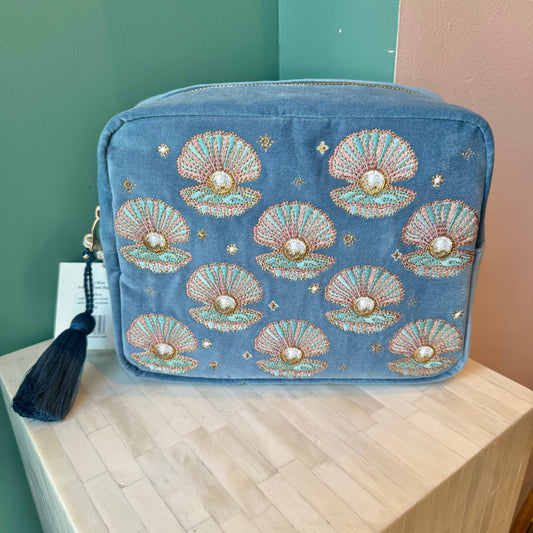 Blue Velvet Pearl Shell Wash Bag by Elizabeth Scarlett