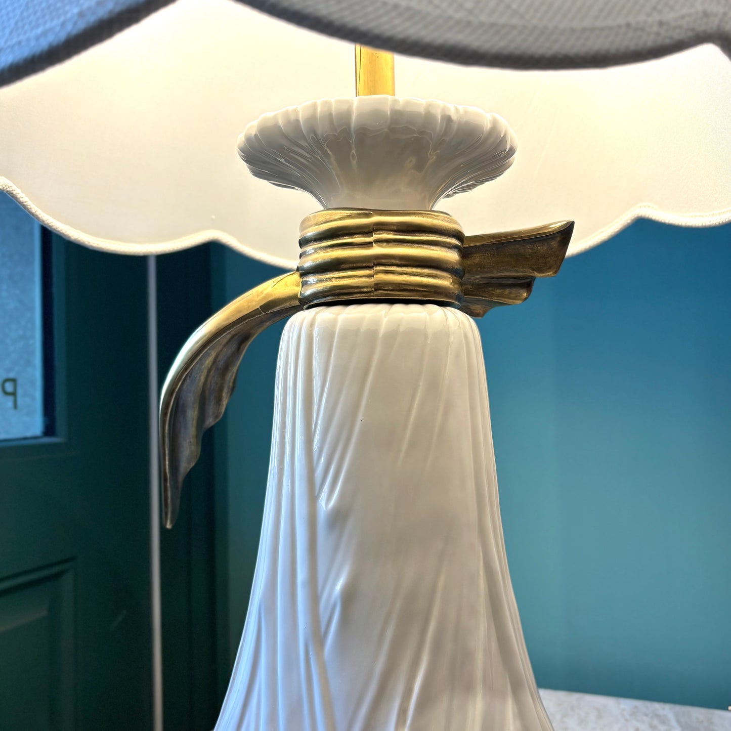 Vintage Ceramic Draped Cloth and Brass Bow Lamp with Scallop Shade by Chapman