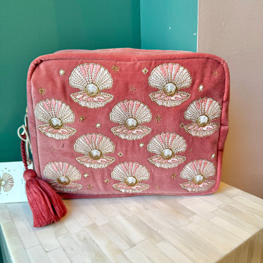 Pink Velvet Pearl Shell Wash Bag by Elizabeth Scarlett
