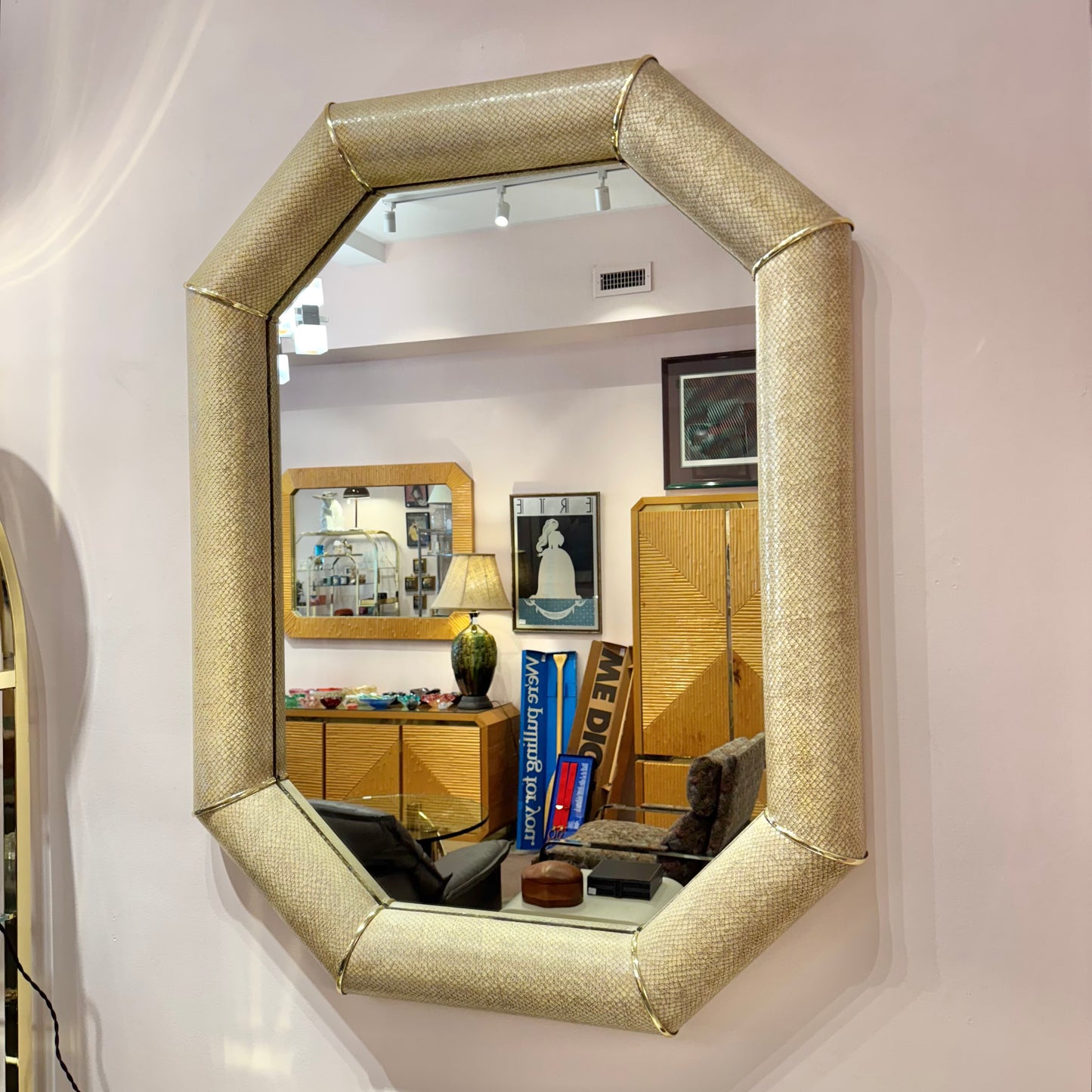 Vintage Faux Snakeskin and Brass Octagonal Bullnose Mirror