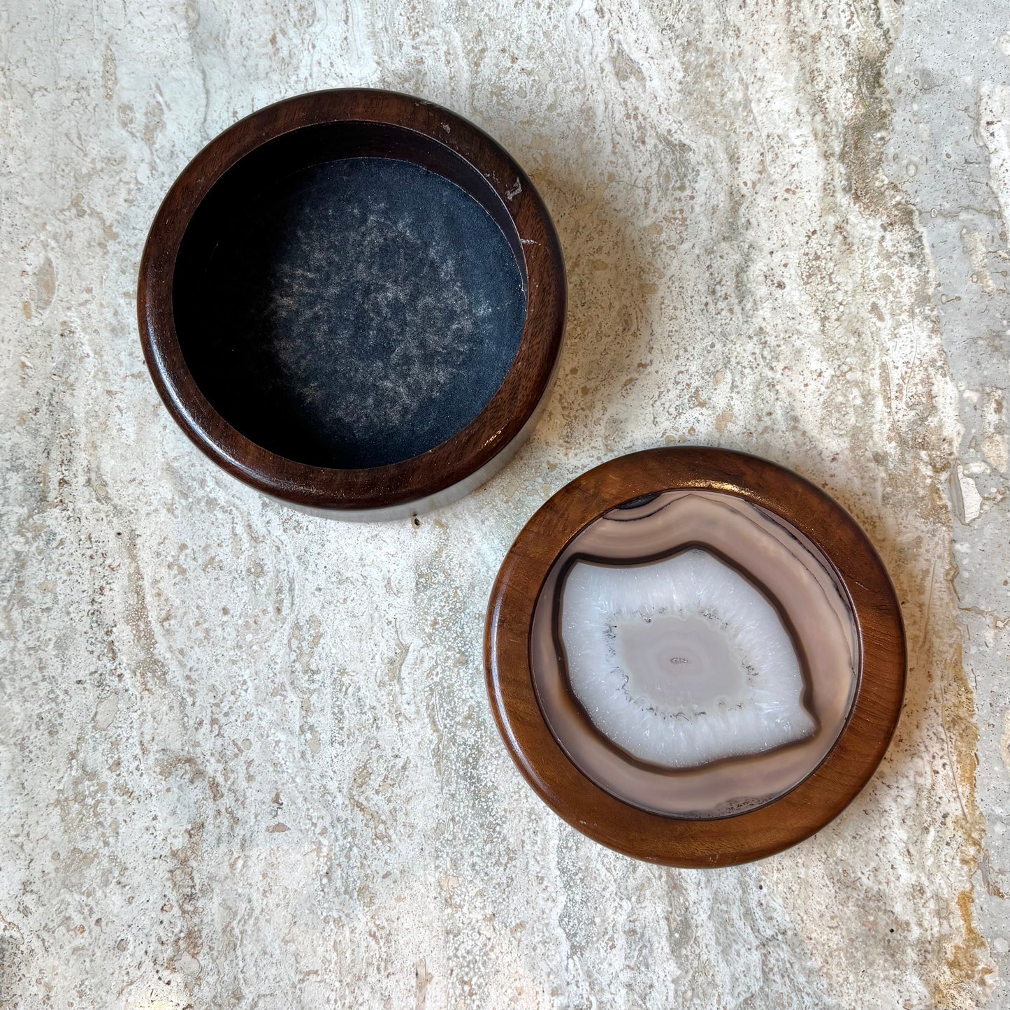 Vintage Circular Wood Box with Geode Lid