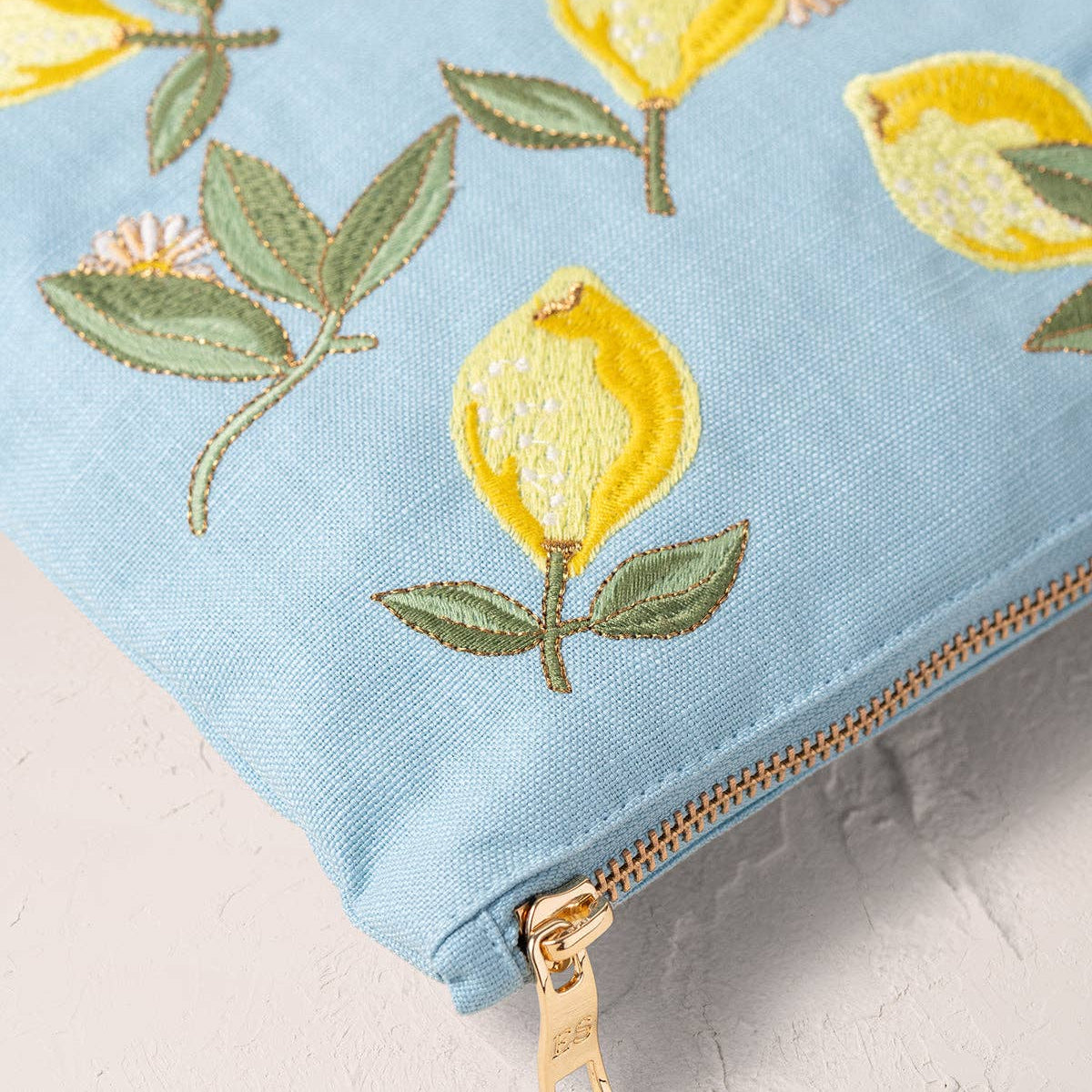 Sky Blue Linen Cotton Lemon Blossom Everyday Pouch by Elizabeth Scarlett