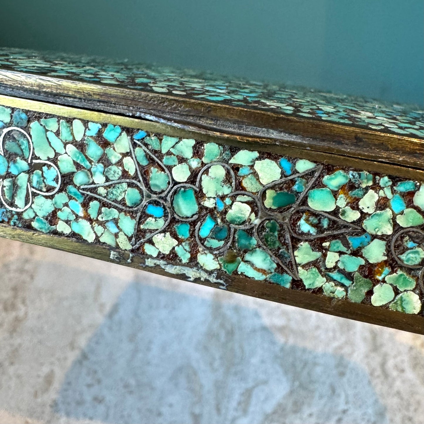 Antique Brass Box with Mosaic Turquoise Stone Design