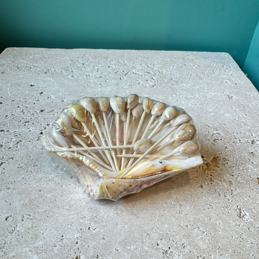 Vintage Seashell Cocktail Pick Set in Clam Shell Holder
