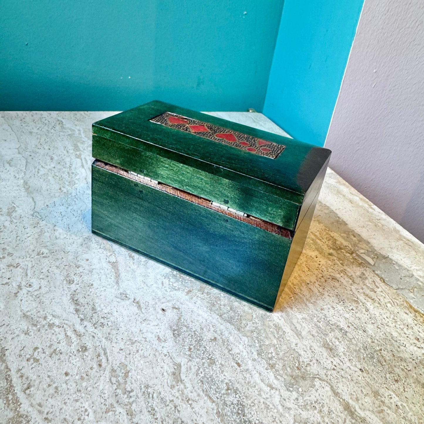 Vintage Green Wooden Playing Cards Box with Cards