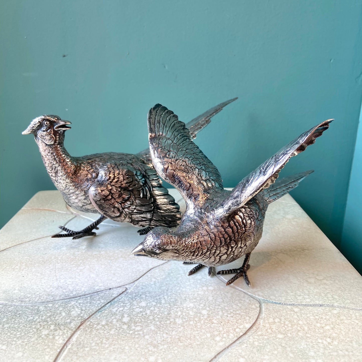 Pair of Antique Silver Plated Pheasant Bird Statues