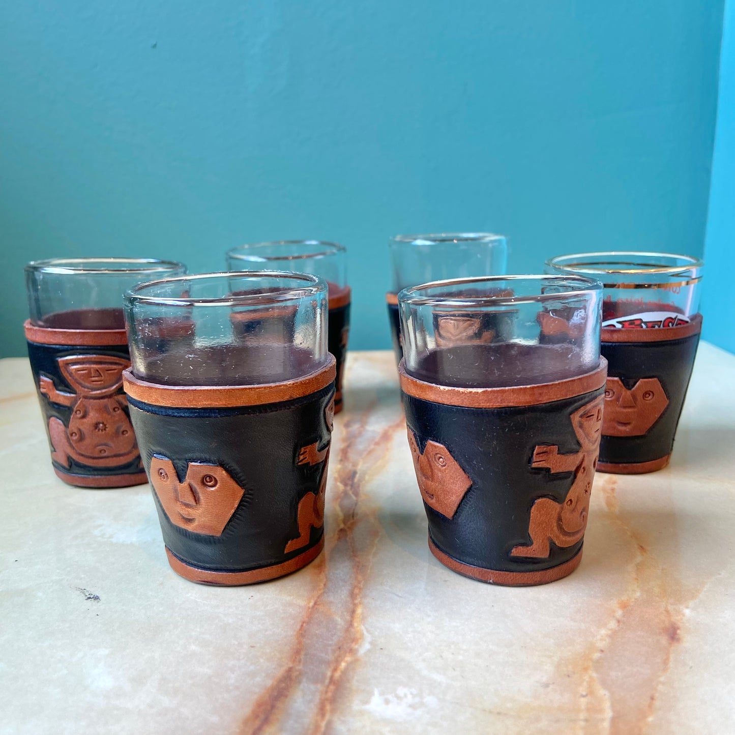 Set of 6 Vintage Leather Shot Glass Holders
