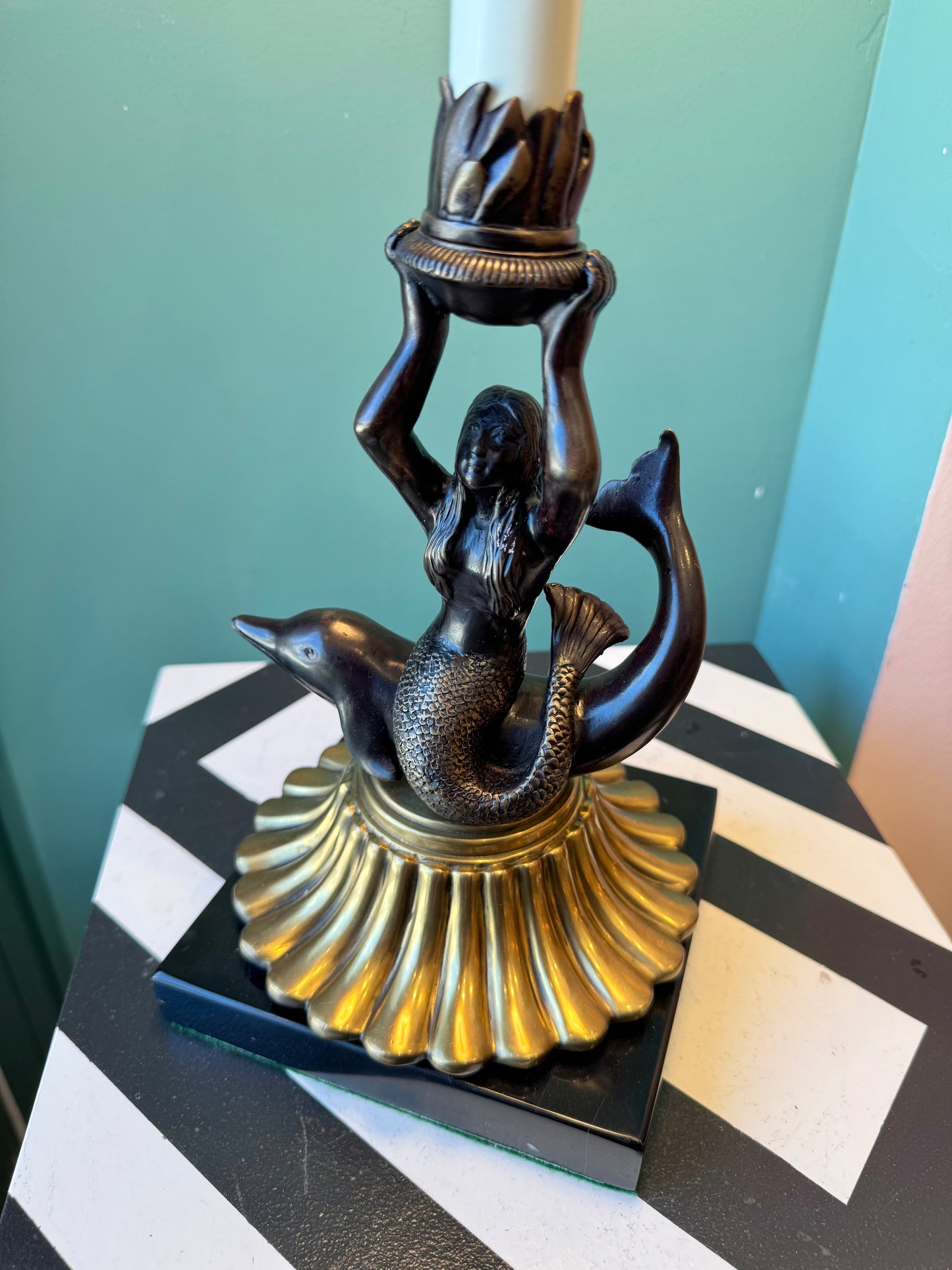 Vintage Mermaid and Dolphin Brass and Bronze Table Lamp with Shade