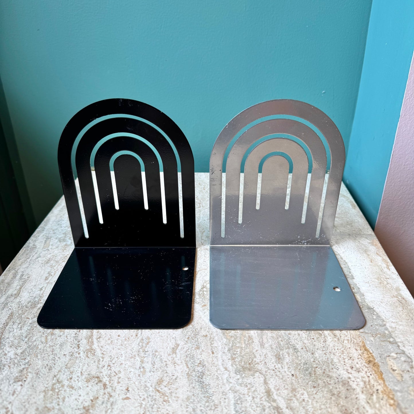 Pair of Vintage Silver and Black Spectrum Arch Metal Bookends