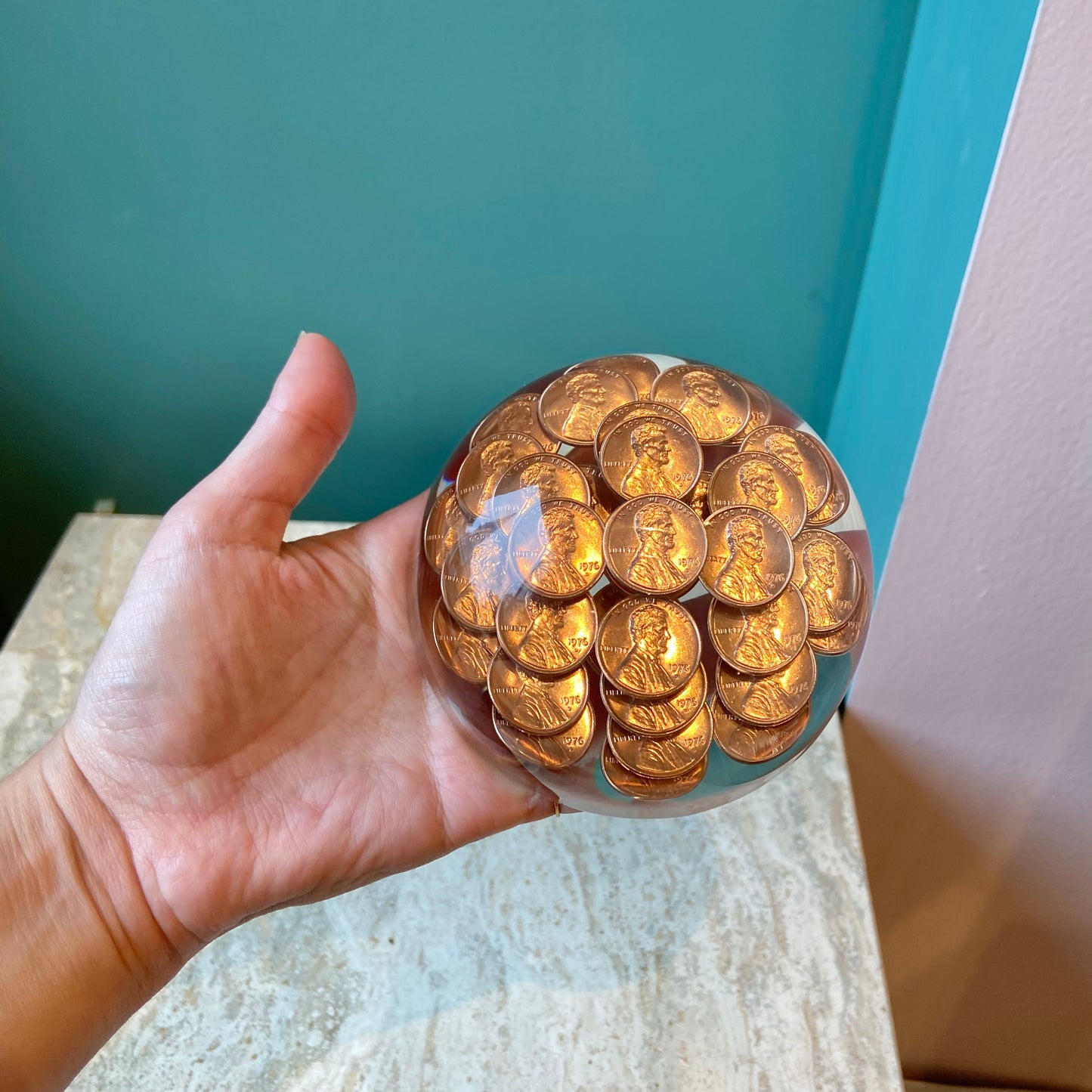 Vintage Lucite 1976 Penny Dome Paperweight