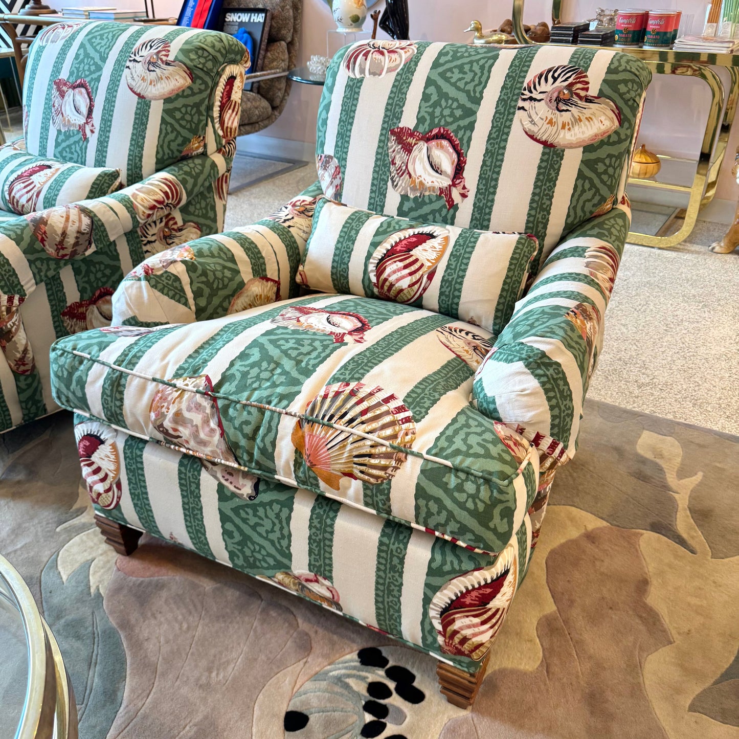 Vintage Green Stripe Shell Upholstered Armchair/item