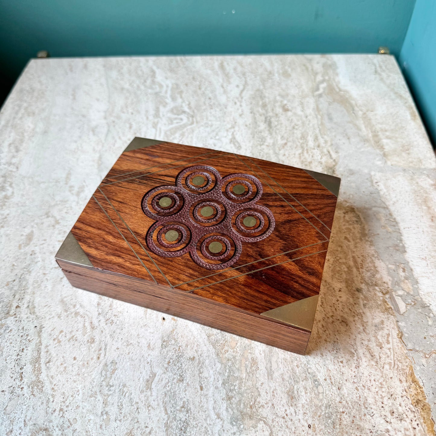 Vintage Rosewood and Brass Inlay Playing Card Box