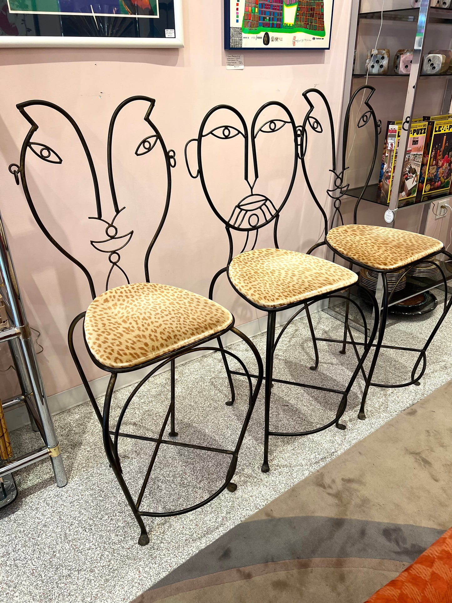Vintage Set of 3 John Risley Style Figurative Face Bar Chairs