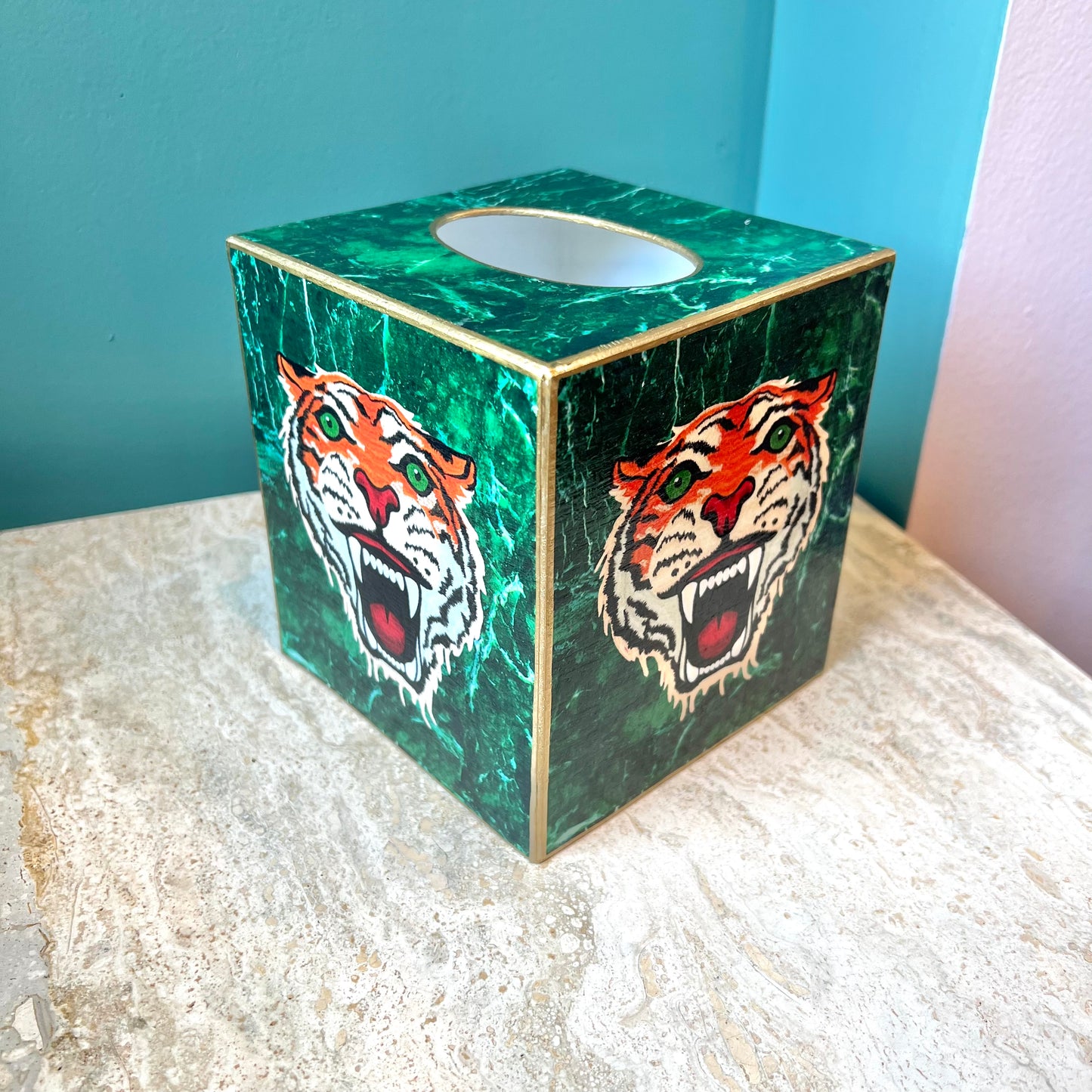 Tiger on Malachite Tissue Box Cover