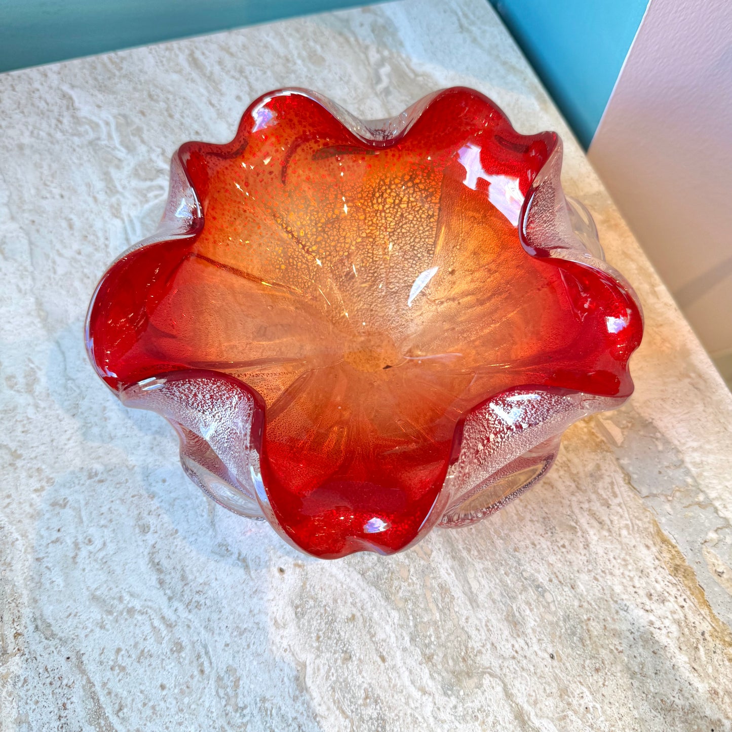 Vintage Red and Silver Leaf Murano Glass Bowl