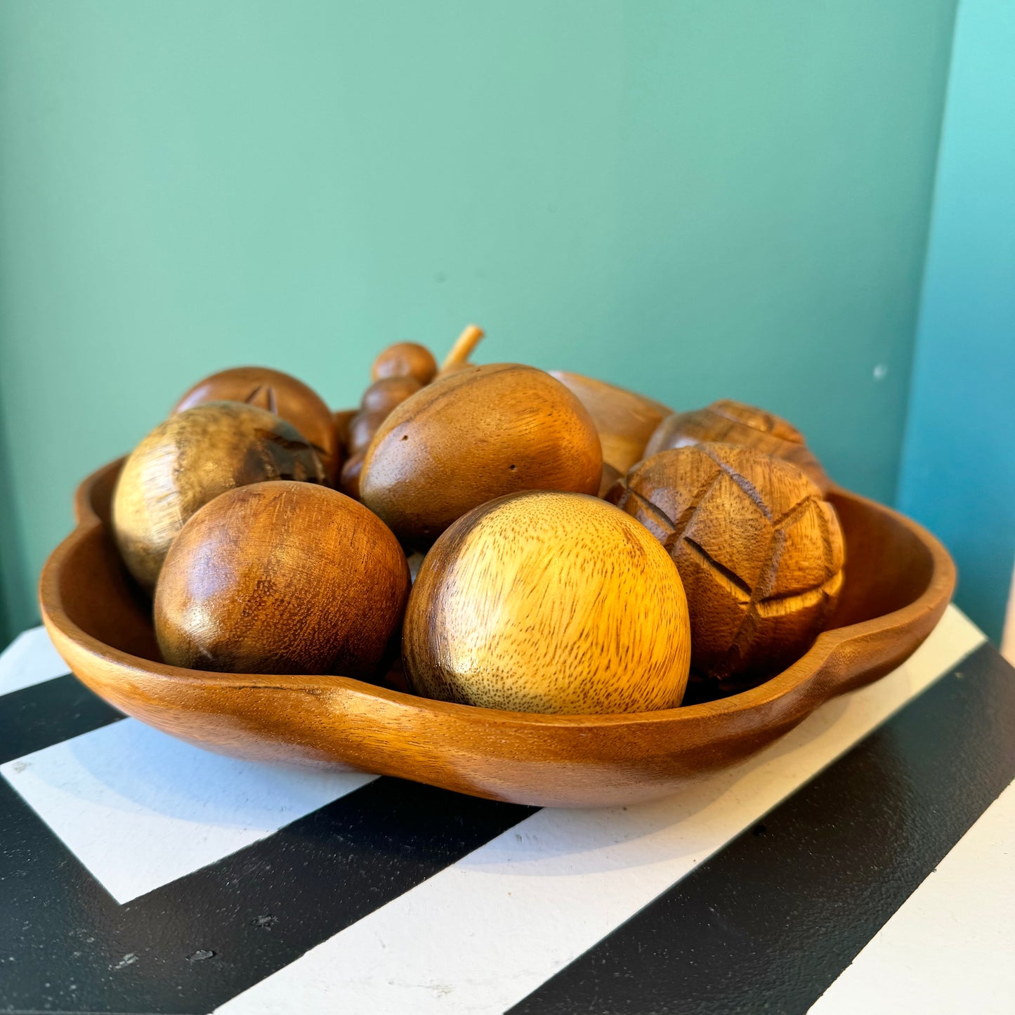 Mid Century Carved Monkey Pod Wooden Fruit and Bowl